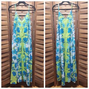 NWT haute hippie Style Cotton Maxi Dress Pockets Spaghetti Strap Blue Green M